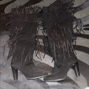 Stuart Weitzman Black Fringe Heeled Boots